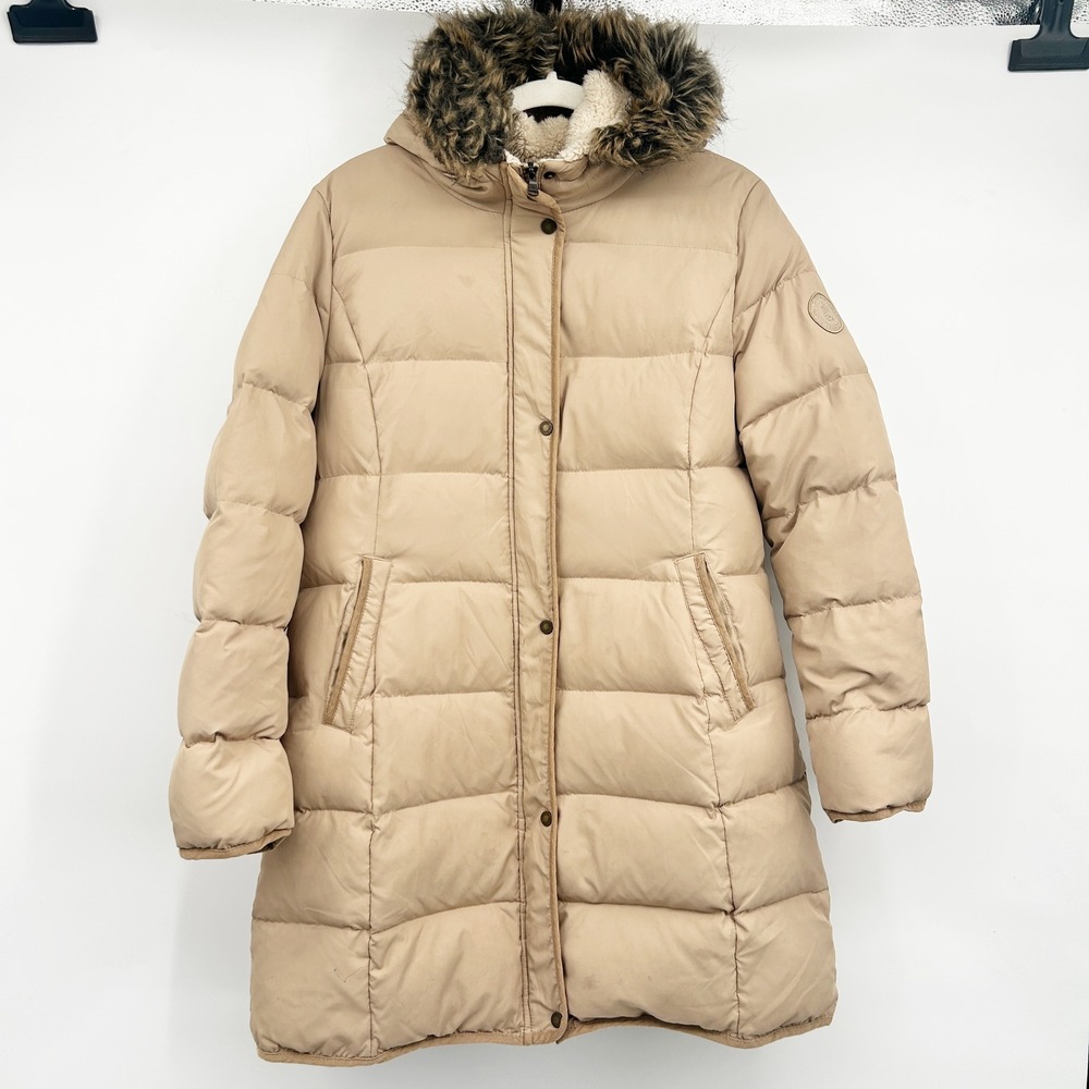 Lauren Ralph Lauren Womens Tan Down Fill Faux‎ Fur Hood Puffer Parka Coat Size L